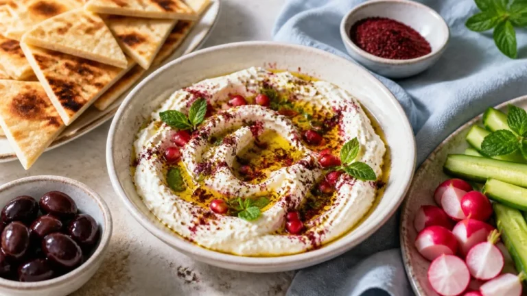 Labneh au sumac étalé dans une assiette creuse, arrosé d'huile d'olive, avec menthe fraîche, graines de grenade, pain pita grillé et crudités