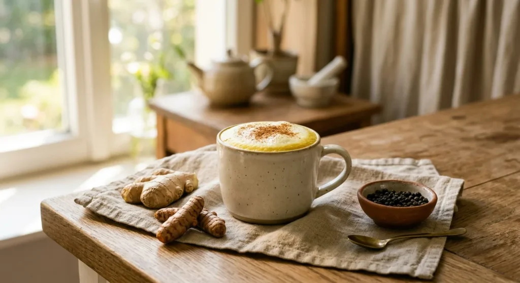 Tasse de lait d'or au curcuma avec du gingembre frais, des racines de curcuma et du poivre noir