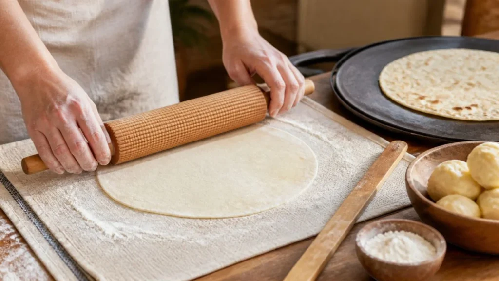Mains qui abaissent très finement une pâte à la pomme de terre avec un rouleau strié en bois sur une toile farinée, à côté d'un bâton à lefse et d'une galette en cuisson sur une plaque