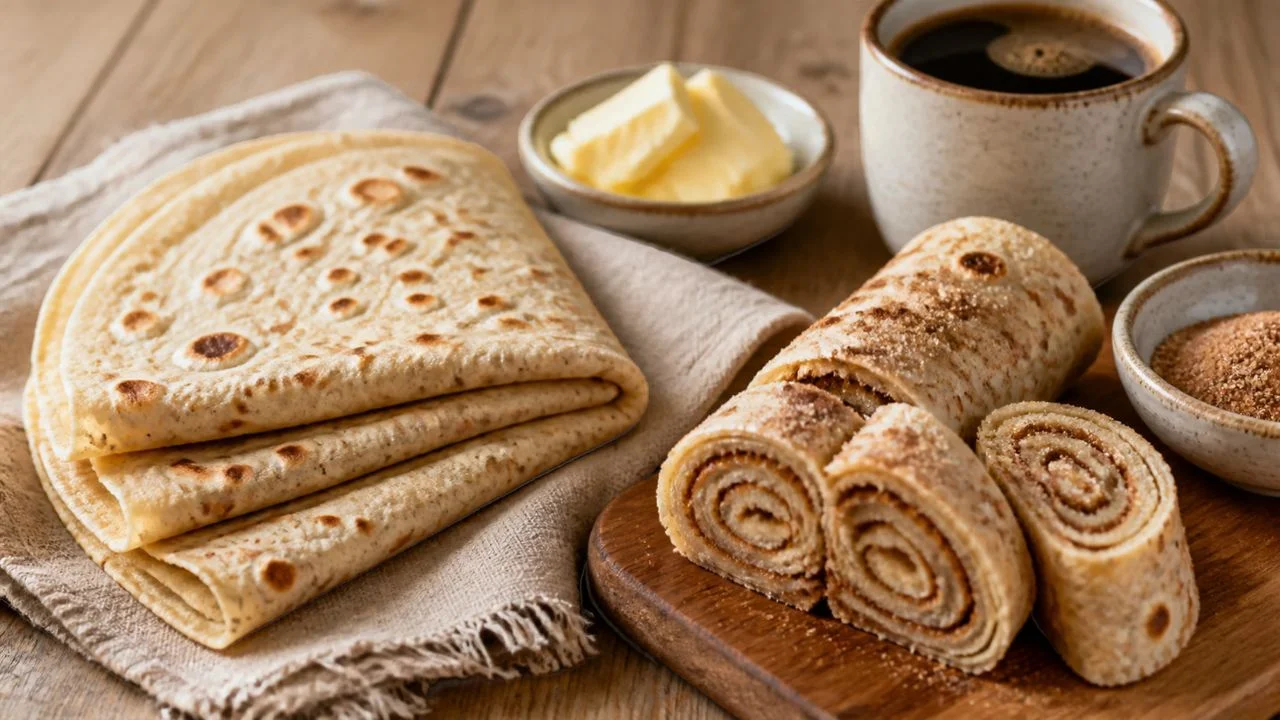 Lefse, grandes galettes norvégiennes fines et souples à la pomme de terre tachetées de brun, pliées en quatre, dont une garnie de beurre, sucre et cannelle roulée et coupée en tronçons