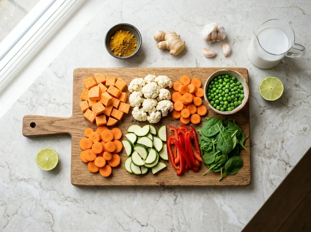 Légumes coupés pour un curry sur une planche : patate douce, chou-fleur, carottes, courgette, poivron, épinards et petits pois, avec du curry en poudre et du gingembre