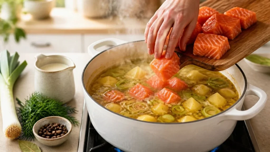 Main qui fait glisser des cubes de saumon dans une cocotte de bouillon aux pommes de terre et aux poireaux, à côté de crème, d'aneth et de piment de la Jamaïque