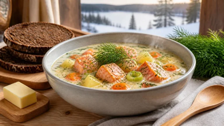 Bol de lohikeitto, soupe de saumon finlandaise crémeuse avec des cubes de saumon, des pommes de terre, des poireaux et de l'aneth frais, servie avec du pain de seigle noir