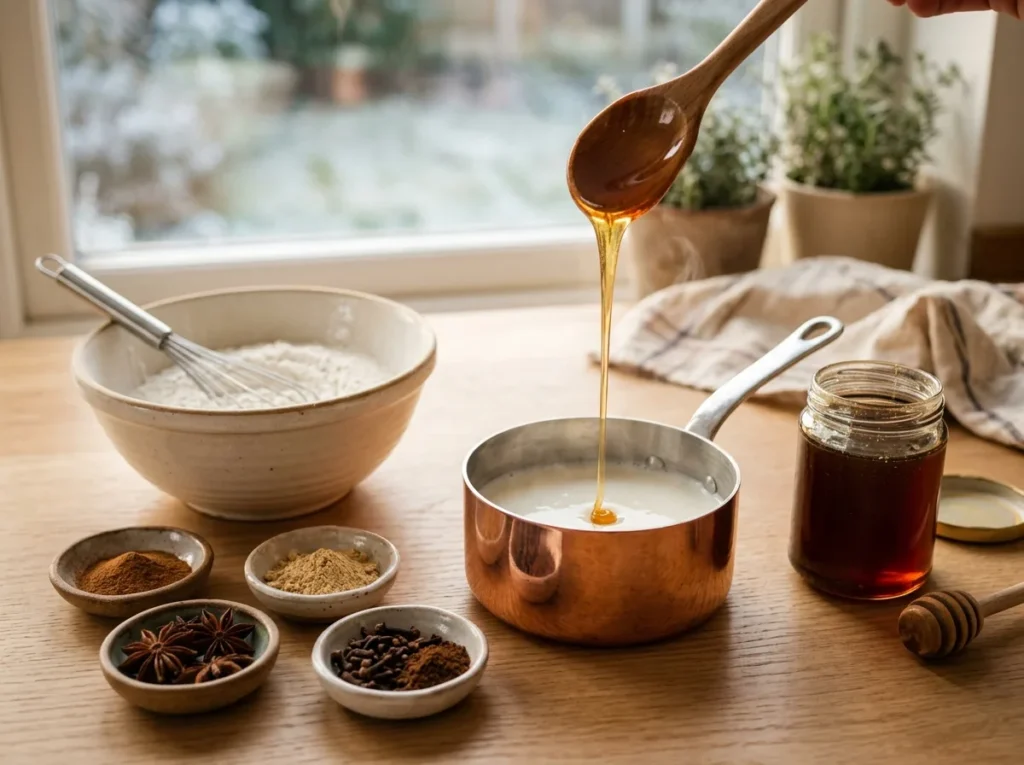 Miel de châtaignier versé dans une casserole de lait chaud pour la pâte du pain d'épices, avec farine et coupelles de cannelle, gingembre, badiane et clous de girofle