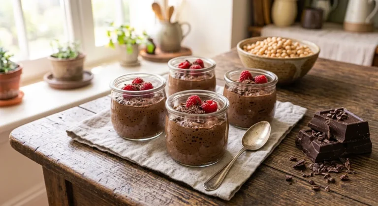 Quatre verrines de mousse au chocolat à l'aquafaba décorées de framboises et de copeaux de chocolat, à côté d'un bol de pois chiches et de chocolat noir