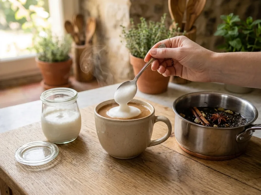 Mousse de lait onctueuse déposée à la cuillère sur un chai latte, à côté d'un bocal de lait mousseux et d'une casserole de thé aux épices