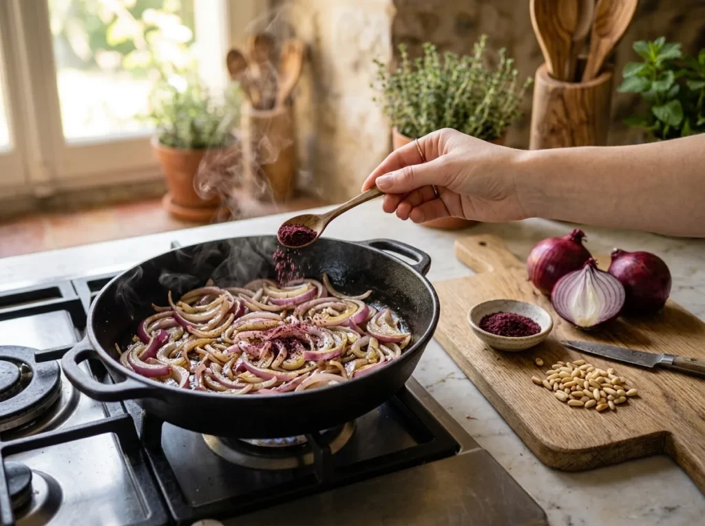 Oignons rouges émincés qui fondent dans une poêle en fonte, saupoudrés de sumac, avec des oignons rouges et des pignons de pin sur une planche