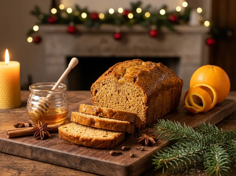Pain d'épices moelleux maison tranché sur une planche en bois, avec un pot de miel, bâtons de cannelle, badiane, clous de girofle, orange et branche de sapin, dans une ambiance de Noël