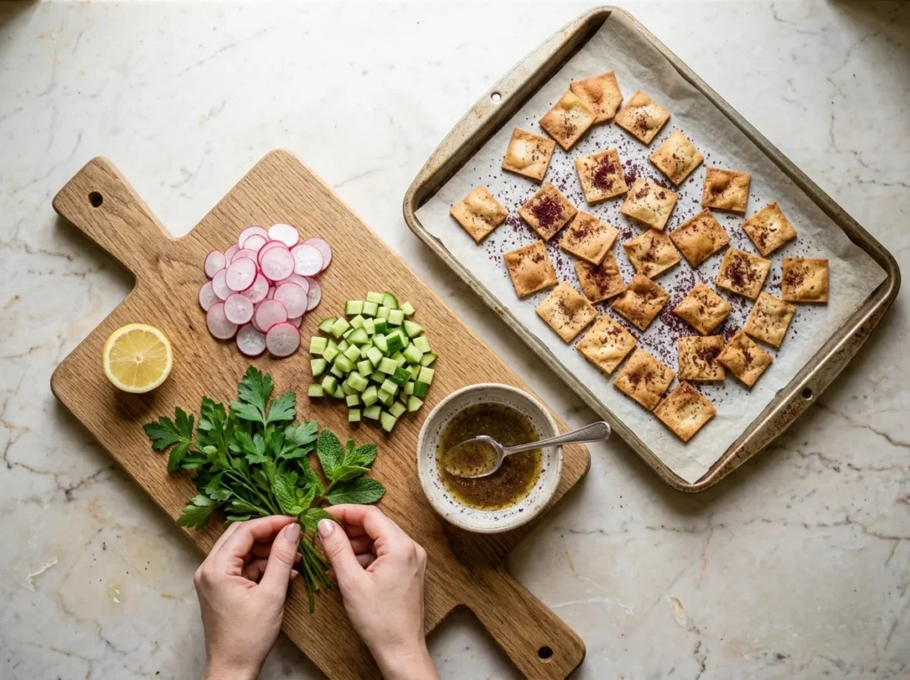 Préparation de la fattouche : pain pita grillé au sumac sur une plaque, radis en rondelles, concombre en dés, persil, menthe et vinaigrette au citron et au sumac