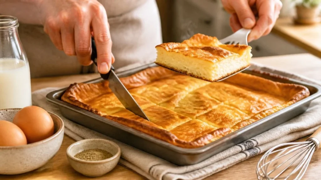Mains qui découpent en carrés un pannukakku tout juste sorti du four dans sa plaque et soulèvent une part avec une spatule