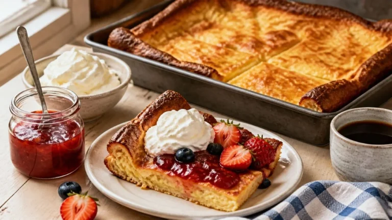 Pannukakku, pancake finlandais au four doré et gonflé coupé en carrés, une part servie avec confiture de fraises, crème fouettée et baies fraîches
