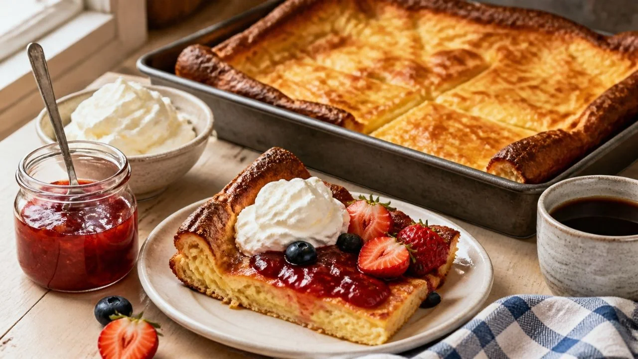 Pannukakku, pancake finlandais au four doré et gonflé coupé en carrés, une part servie avec confiture de fraises, crème fouettée et baies fraîches