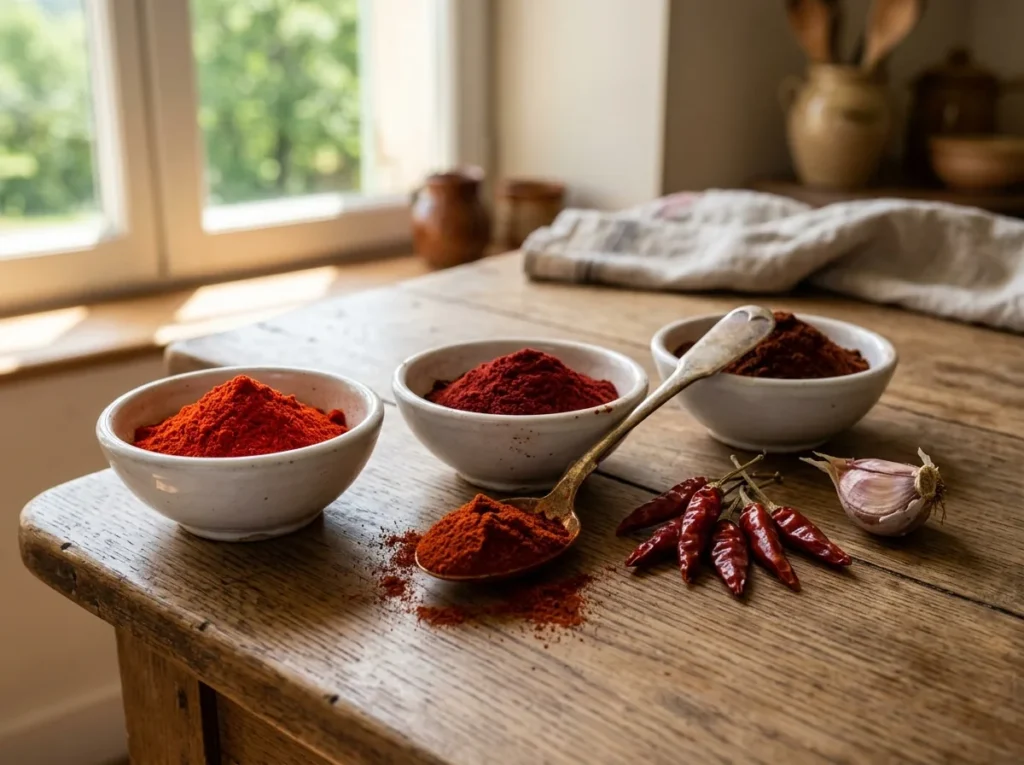 Trois coupelles de paprika doux, fort et fumé, cuillère ancienne remplie de paprika, piments rouges séchés et ail sur une table en bois