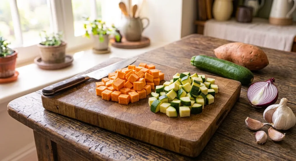Patate douce et courgette coupées en cubes de même taille sur une planche en bois, avec un couteau, un oignon rouge et de l'ail
