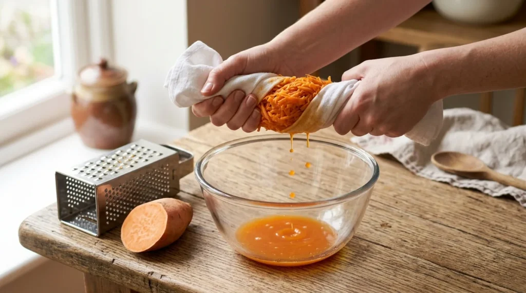 Patate douce râpée essorée dans un torchon au-dessus d'un saladier pour des röstis croustillants