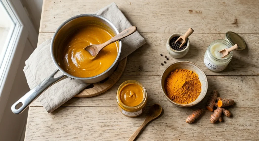 Pâte de curcuma maison dans une casserole et en bocal, avec curcuma en poudre, poivre noir et huile de coco
