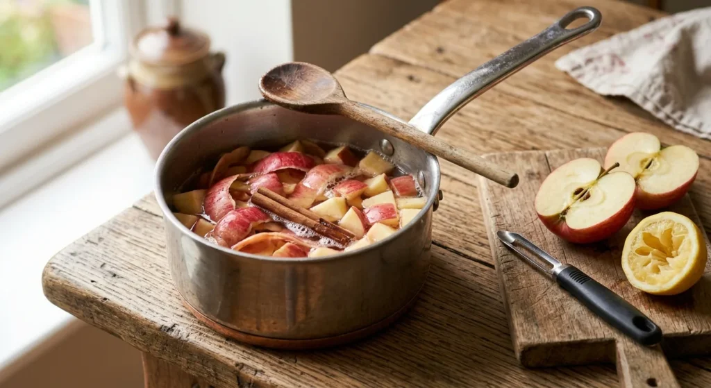 Pelures et morceaux de pommes qui cuisent dans une casserole avec un bâton de cannelle, à côté d'un économe, d'une pomme coupée et d'un demi-citron