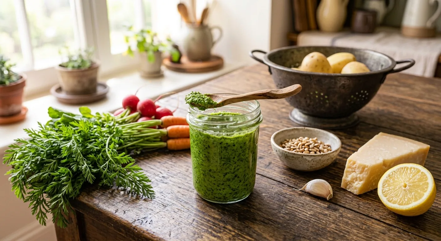Bocal de pesto vert aux fanes de carottes avec une cuillère en bois, à côté d'une botte de carottes, de graines, d'ail, de fromage et d'un demi-citron