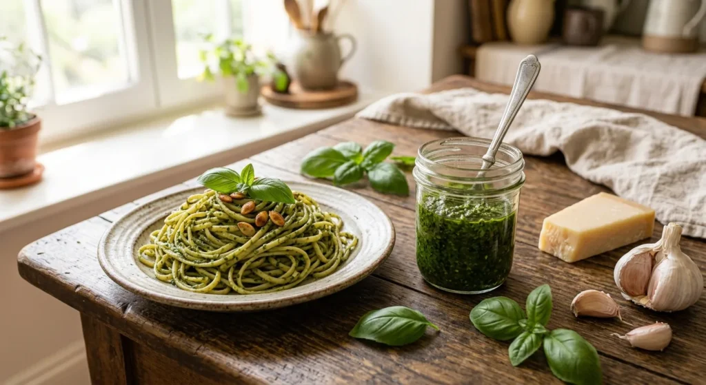 Bocal de pesto vert aux graines de courge et assiette de spaghettis au pesto, avec basilic, parmesan et ail