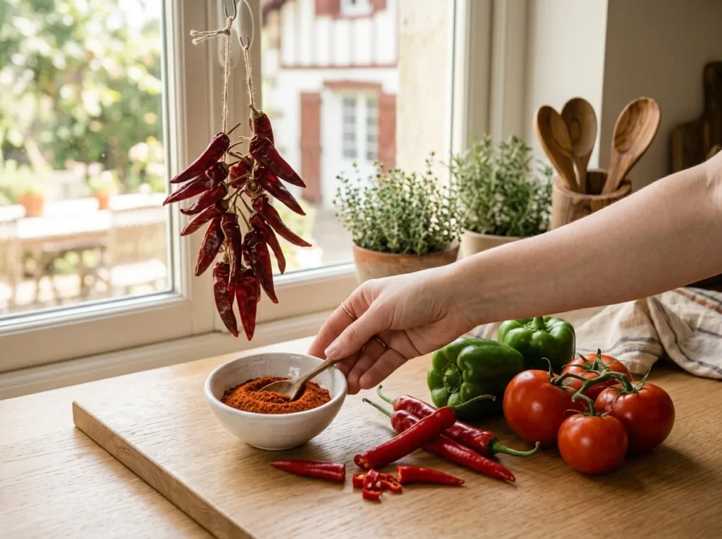 Main qui puise du piment d'Espelette en poudre dans un bol, sous une corde de piments séchés, avec des poivrons verts, des piments rouges frais et des tomates sur une planche