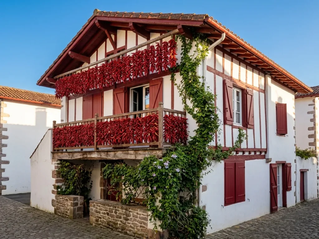 Cordes de piments d'Espelette rouges qui sèchent sur le balcon d'une maison basque blanche à colombages et volets rouges