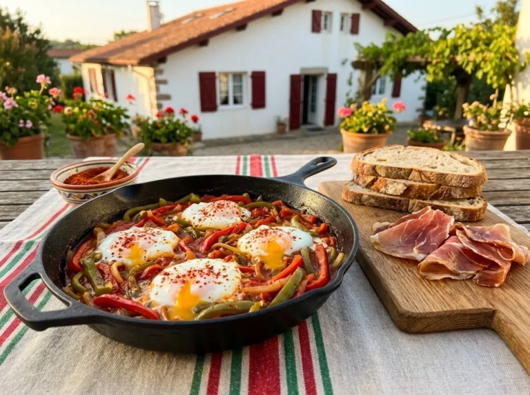 Piperade basque aux œufs dans une poêle en fonte, poivrons rouges et verts saupoudrés de piment d'Espelette, avec du jambon de Bayonne et du pain de campagne devant une maison basque