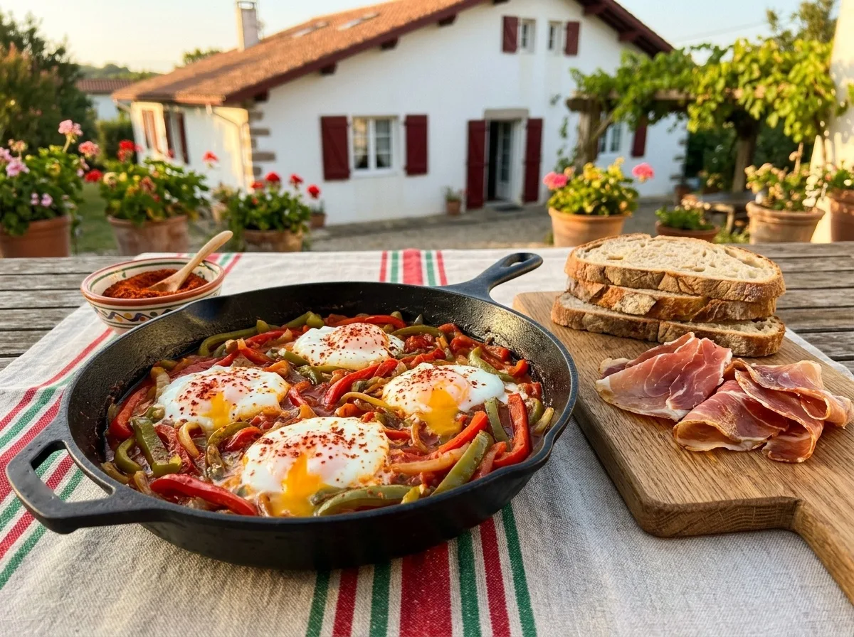 Piperade basque aux œufs dans une poêle en fonte, poivrons rouges et verts saupoudrés de piment d'Espelette, avec du jambon de Bayonne et du pain de campagne devant une maison basque