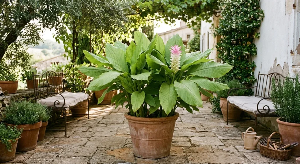 Plant de curcuma en pot sur une terrasse, avec sa fleur rose et blanche