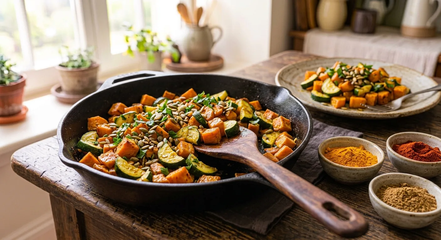 Poêlée de cubes de patate douce dorés et de courgette aux épices et graines grillées dans une poêle en fonte, avec une assiette servie, du curcuma, du paprika et du cumin