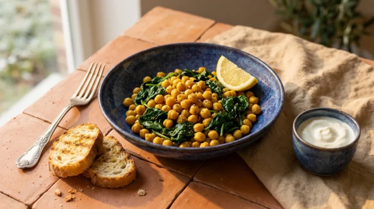 Poêlée de pois chiches dorés au curcuma et épinards dans une assiette bleue, avec citron et pain grillé