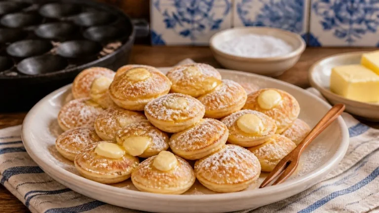 Assiette de poffertjes, mini pancakes hollandais dorés et bombés, avec une noisette de beurre fondant et du sucre glace, petite fourchette en bois, poêle à poffertjes en fonte et carreaux bleus de Delft en arrière-plan