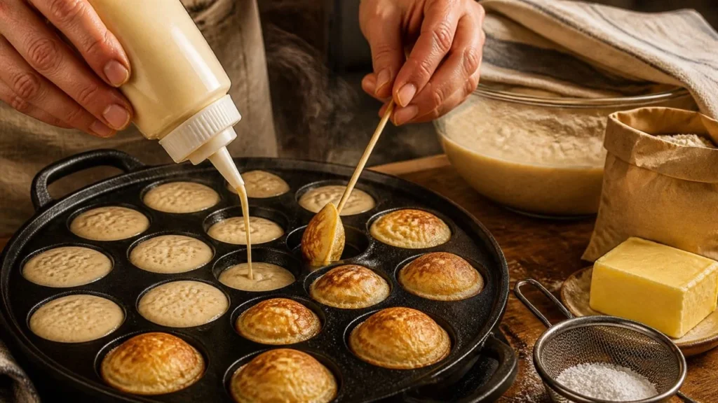Mains qui remplissent au biberon les alvéoles d'une poêle à poffertjes en fonte avec une pâte au sarrasin, tout en retournant un mini pancake doré avec une pique en bois, à côté d'un saladier de pâte levée et de beurre