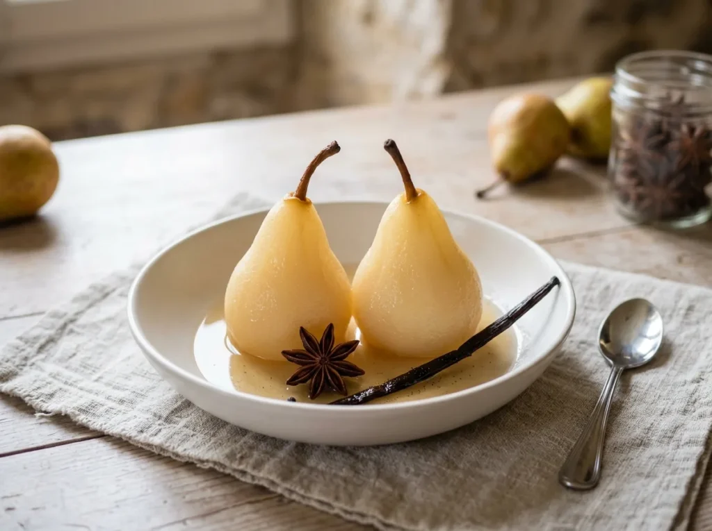 Duas peras cozidas numa calda dourada com uma estrela de anis e uma fava de baunilha, num prato branco
