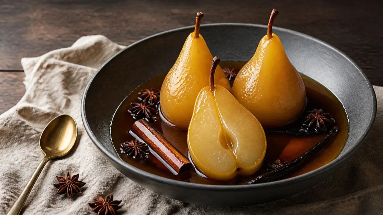 Poires pochées à la badiane dans un bol en grès sombre, nappées de sirop ambré, avec des étoiles de badiane, un bâton de cannelle et une gousse de vanille