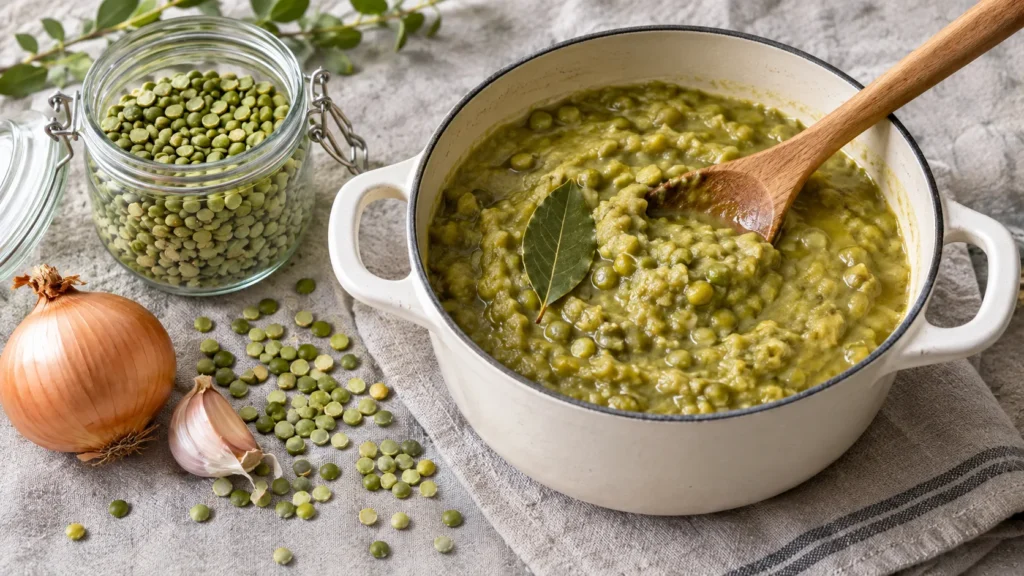 Pois cassés verts cuits avec une feuille de laurier dans une cocotte, à côté d'un bocal de pois cassés secs
