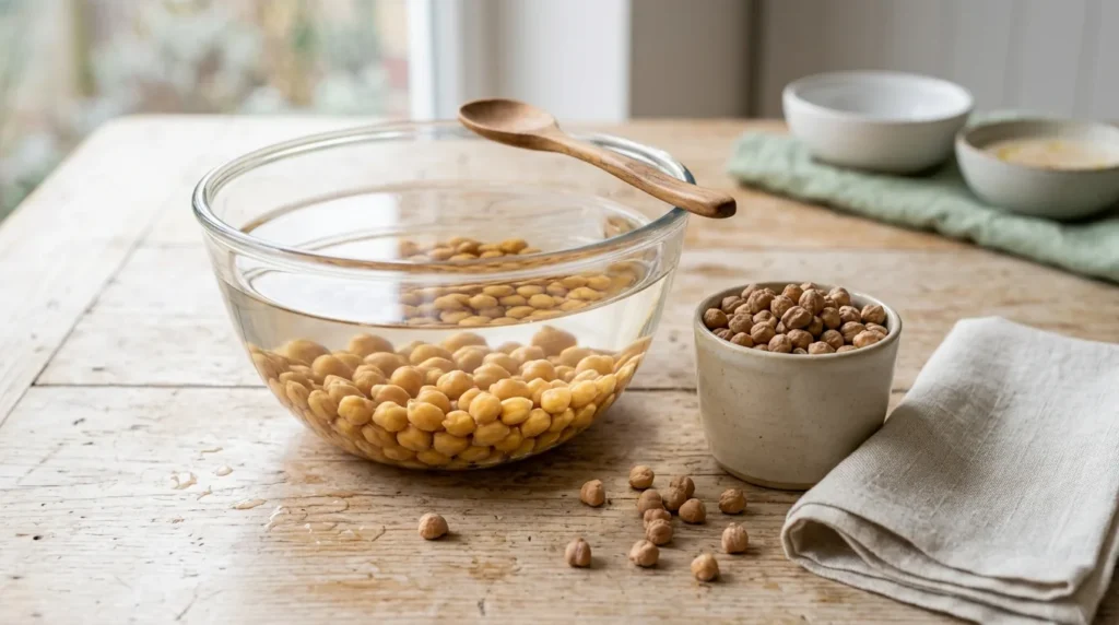 Pois chiches secs en train de tremper dans un saladier d'eau, à côté d'un bol de pois chiches secs