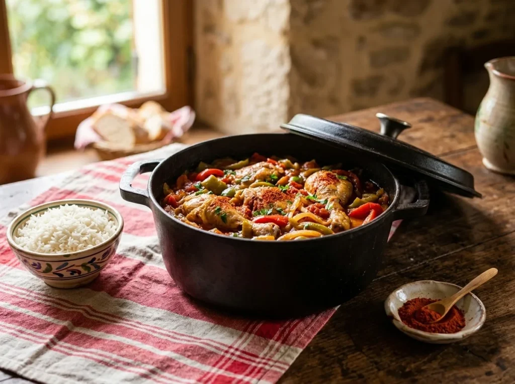 Støpejernsgryte med poulet basquaise med paprika og tomater, drysset med Espelette-pepper, og en bolle ris på en rødstripet duk
