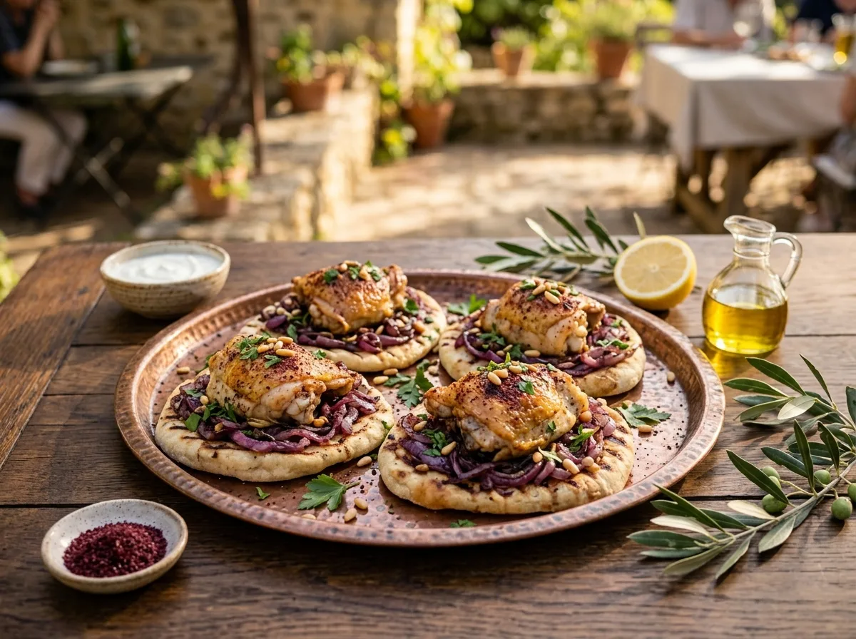 Musakhan sur un plateau en cuivre : pains plats garnis d'oignons rouges au sumac, cuisses de poulet rôties, pignons de pin et persil, sur une table en bois en terrasse