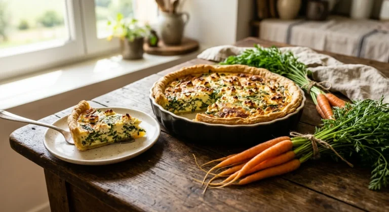 Quiche aux fanes de carottes et au chèvre, une part servie sur une assiette à côté de carottes avec leurs fanes