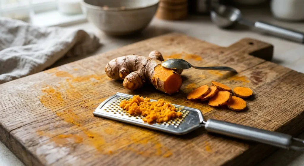 Racine de curcuma frais épluchée à la cuillère, râpée et coupée en rondelles sur une planche en bois