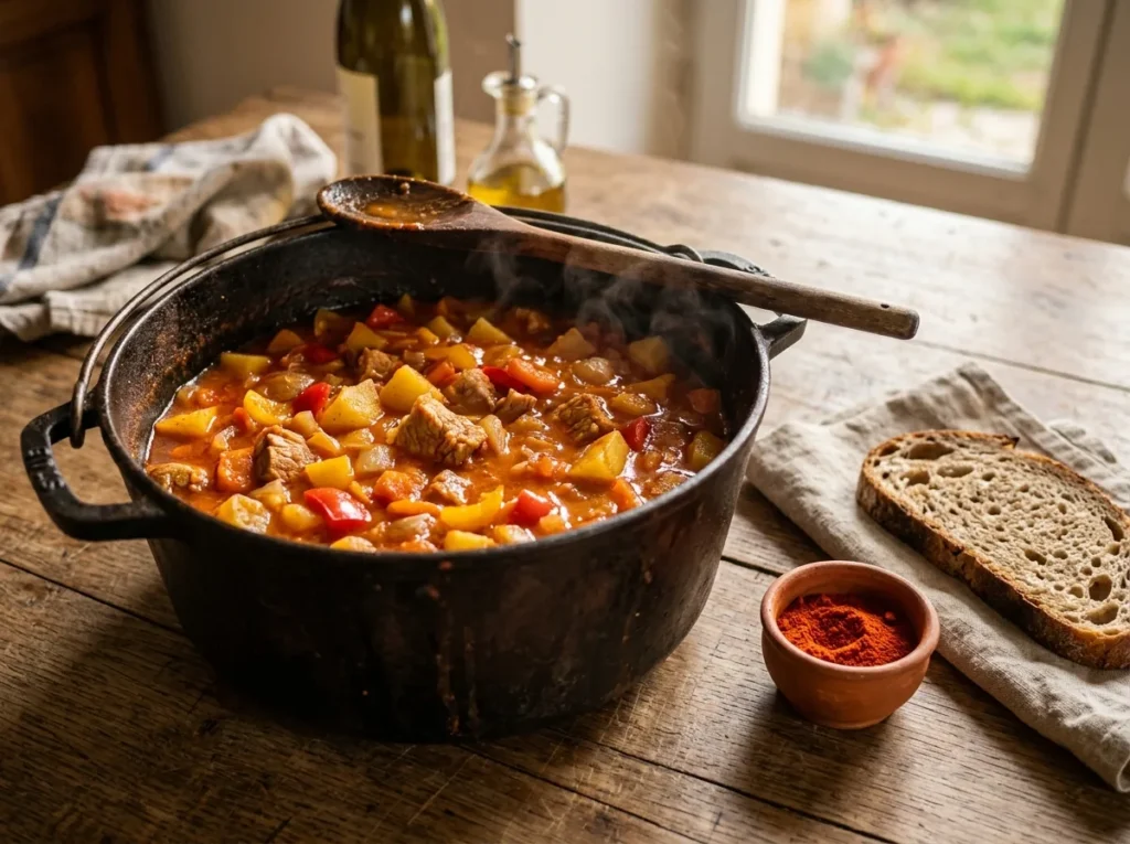 Paprikagryte med kjøtt, poteter og paprika i en støpejernsgryte, med en liten skål paprika og landbrød