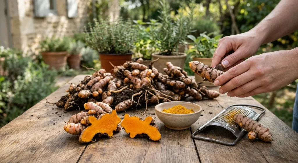 Récolte de rhizomes de curcuma frais sur une table en bois, avec curcuma en poudre maison et râpe