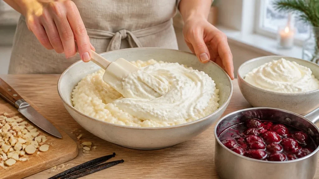 Mains qui incorporent délicatement de la crème fouettée dans un grand saladier de riz au lait froid avec une spatule, à côté d'amandes mondées hachées, d'une gousse de vanille et d'une casserole de sauce aux cerises
