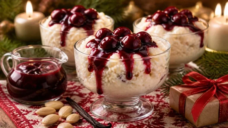 Coupes de risalamande, riz au lait danois crémeux aux amandes hachées, nappées de sauce chaude aux cerises noires, sur une table de Noël avec bougies, amandes entières, gousse de vanille et petit cadeau à ruban rouge