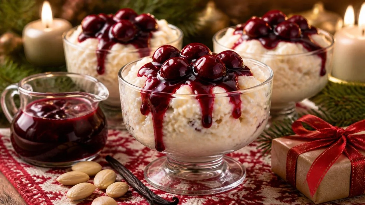 Coupes de risalamande, riz au lait danois crémeux aux amandes hachées, nappées de sauce chaude aux cerises noires, sur une table de Noël avec bougies, amandes entières, gousse de vanille et petit cadeau à ruban rouge