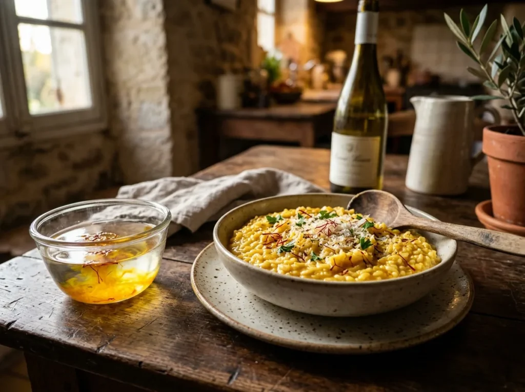 Safrantråder som trekker i en bolle varmt vann ved siden av en tallerken safranrisotto