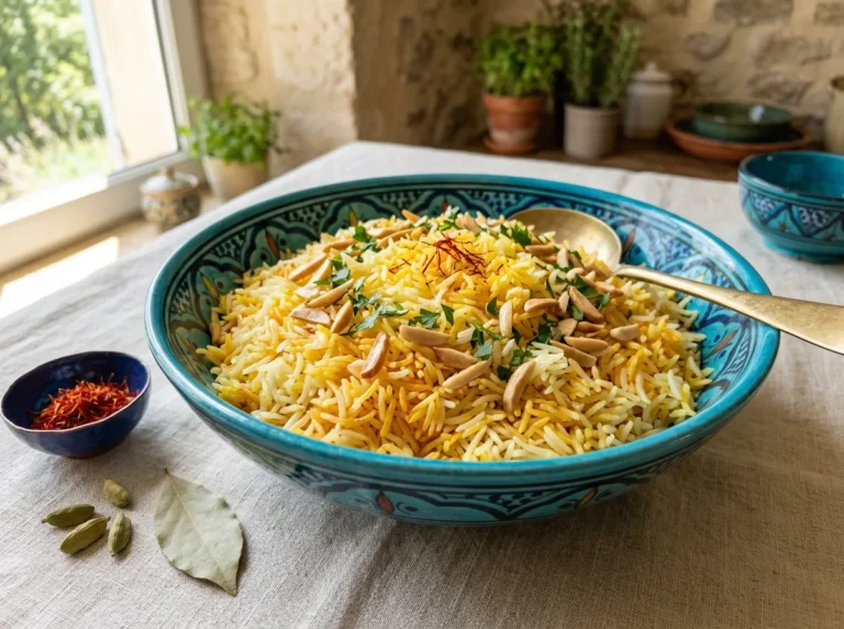 Riz basmati au safran doré parsemé d'amandes effilées et de persil dans un plat persan turquoise, avec un bol de pistils de safran, cardamome verte et laurier