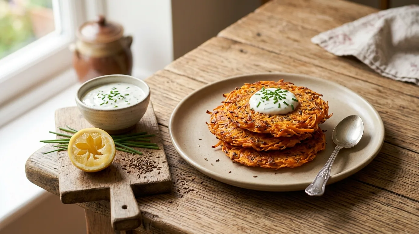 Röstis de patate douce au cumin dorés et croustillants, servis avec une sauce au yaourt à la ciboulette