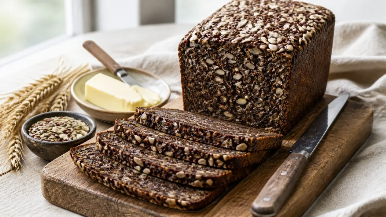 Pain de seigle danois rugbrød cuit en moule, posé sur une planche, avec de fines tranches à la mie très foncée et dense remplie de grains de seigle, de graines de tournesol, de lin et de courge, à côté de beurre et de graines