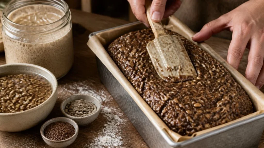 Mains qui lissent à la spatule mouillée une pâte de seigle très épaisse et foncée pleine de grains et de graines dans un moule à cake rectangulaire, à côté d'un bocal de levain de seigle bullant et de bols de graines